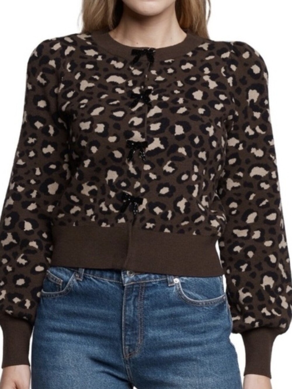 Express Animal Print Bow Button Sweater Sz L⁶